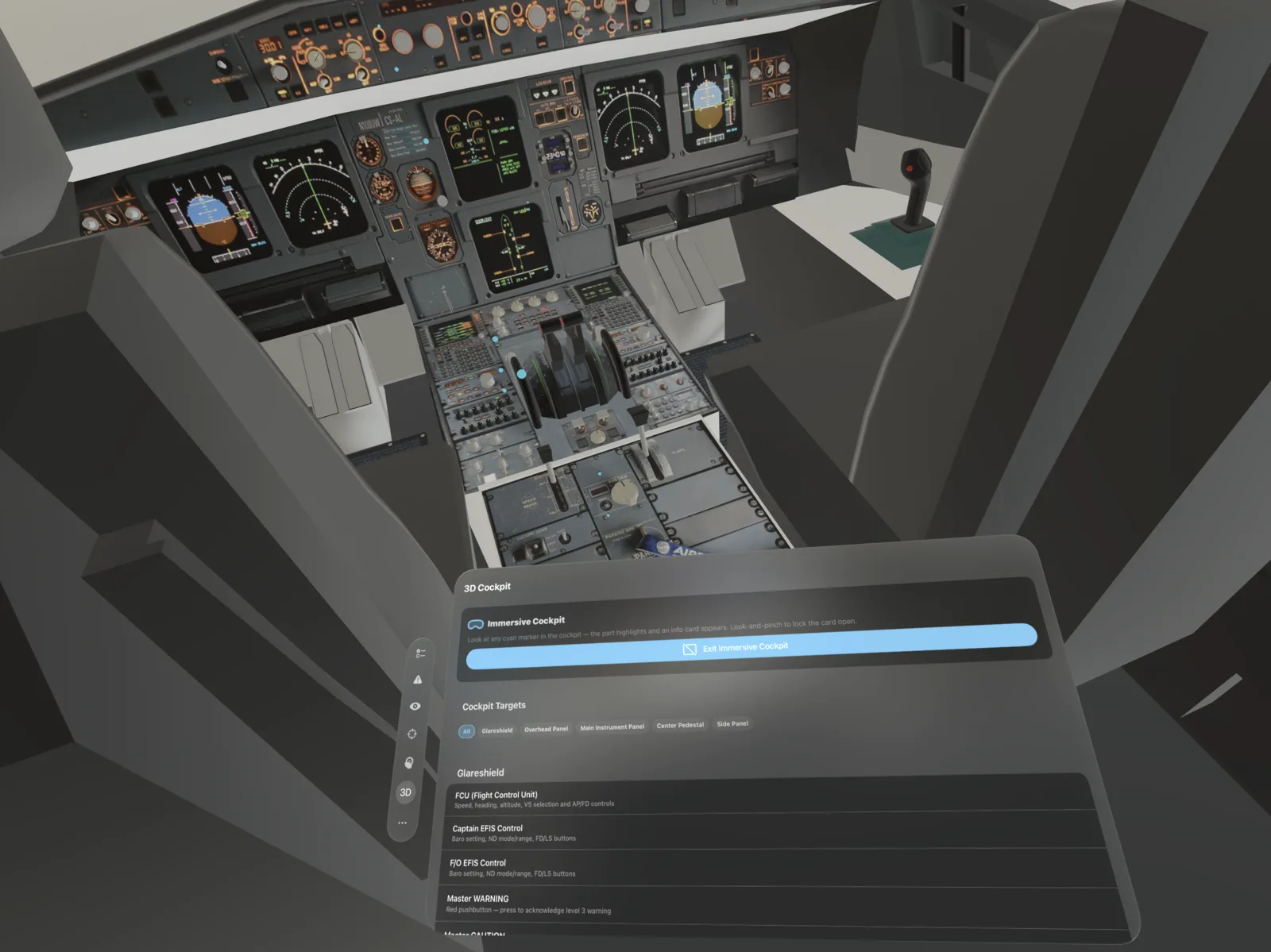 A320 Guide on Apple Vision Pro — immersive cockpit overview with 3D Cockpit panel