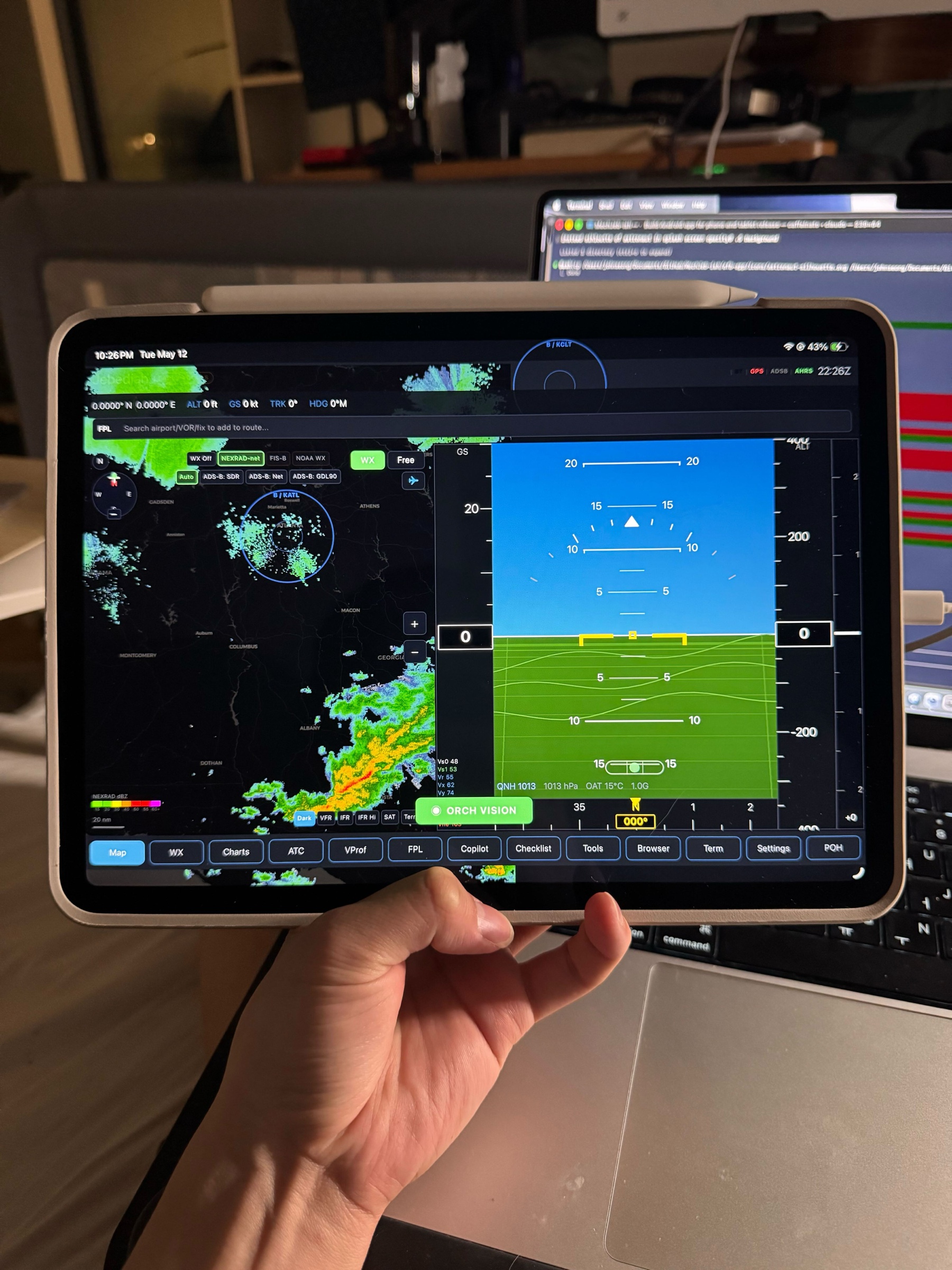 Jebediah sur iPad — carte mobile, NEXRAD et indicateur d'attitude Orch Vision